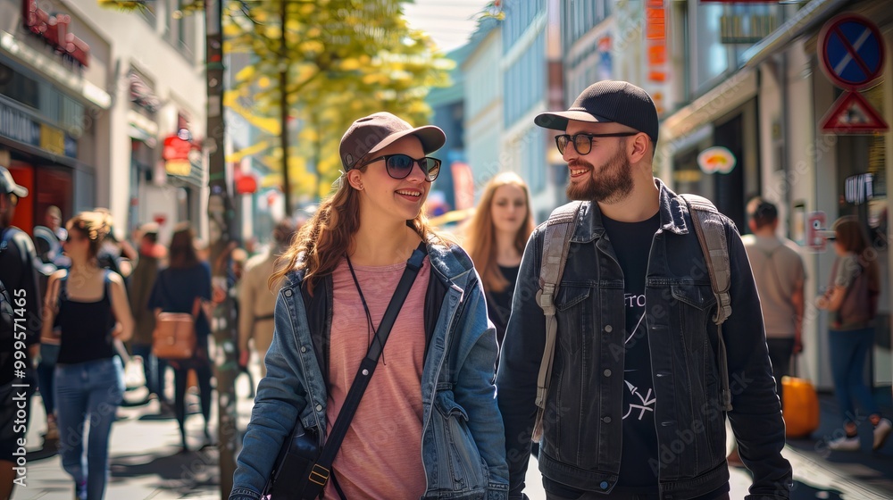 Happy couple of tourists exploring a vibrant city street on a sunny day Happy couple of tourists exploring a vibrant city street on a sunny day