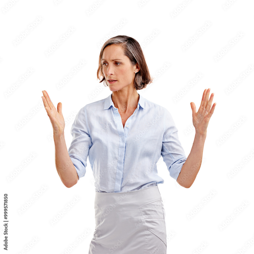 Business, woman and hands for measure in studio with large size, advertising or commercial notification. Mature, female person and gesture of product space, presentation and scale on white background Business, woman and hands for measure in studio with large size, advertising or commercial notification. Mature, female person and gesture of product space, presentation and scale on white background