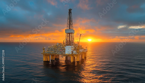 Offshore jack up drilling rig extracting natural gas and oil at sunset