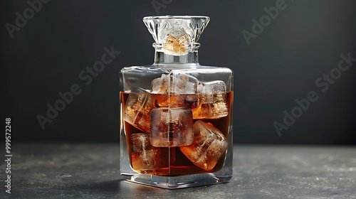Decanter of Alcohol with Ice Cubes on Black Background