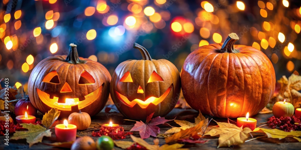 Fototapeta premium Illuminated Jack-o'-Lanterns shine through the night, surrounded by vivid autumn leaves and twinkling bokeh lights,