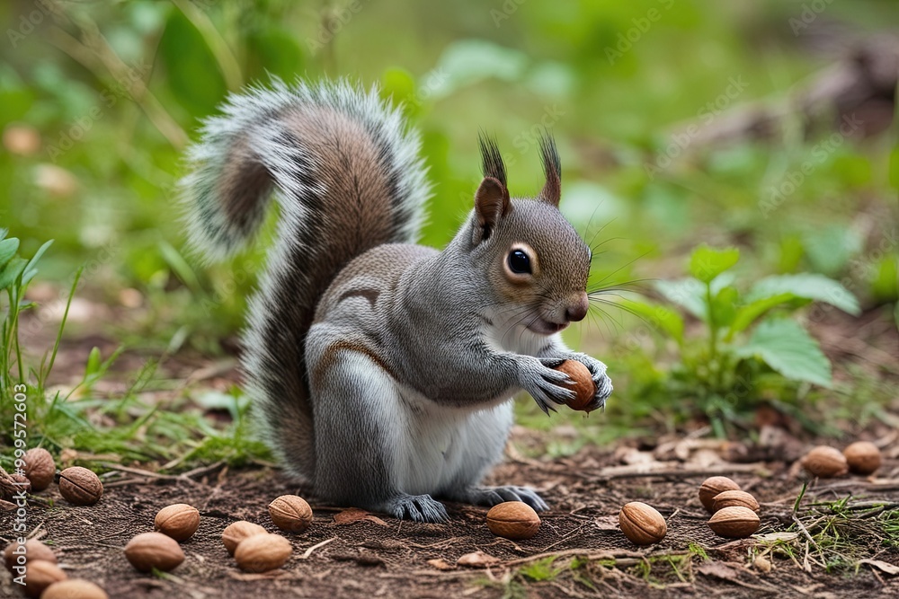 Obraz premium Adorable Squirrel foraging for Nuts on White Background in Natural Habitat