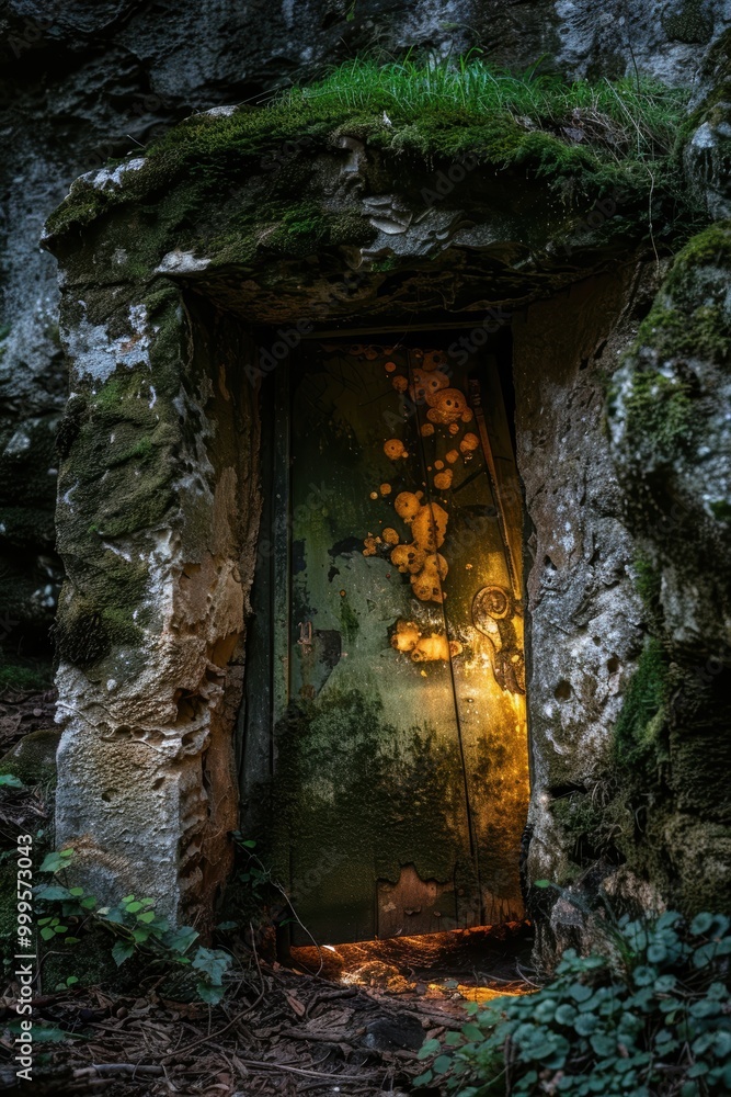 Ancient Stone Door with Worn Surface in Forest Setting Ancient Stone Door with Worn Surface in Forest Setting