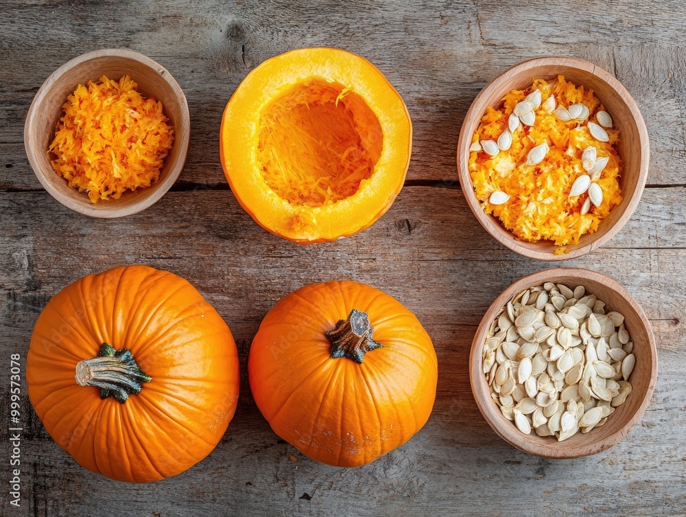 High angle shot of orange pumpkin for Halloween with bowls of seeds and pulp on wooden table High angle shot of orange pumpkin for Halloween with bowls of seeds and pulp on wooden table