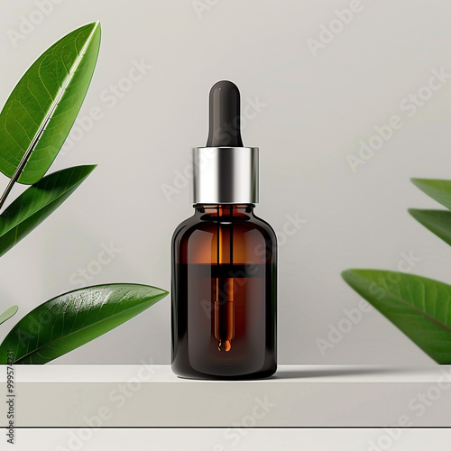 Isolated white glass bottle with liquid perfume and green flowers on it 