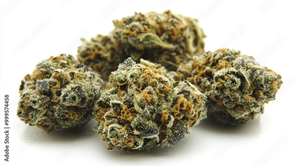 Close up of Blue Cookies marijuana buds on white background Close up of Blue Cookies marijuana buds on white background