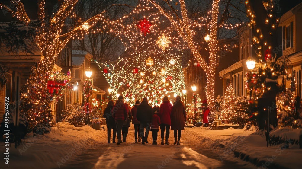 A winter evening scene featuring festive lights, snowy paths, and a group of people enjoying the holiday atmosphere. A winter evening scene featuring festive lights, snowy paths, and a group of people enjoying the holiday atmosphere.