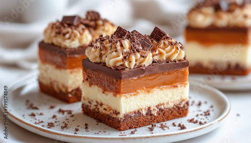 Delicious caramel cake being served on white plates