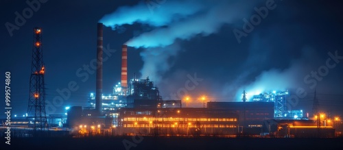 Industrial Factory at Night with Smoke Stacks and Illuminated Lights Emitting Smoke into the Dark Sky