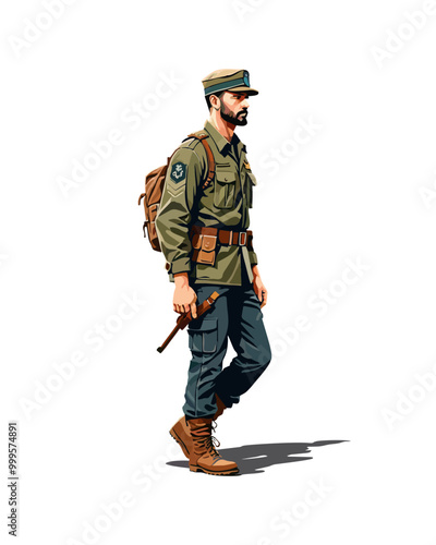 Detailed flat vector people and illustration, man with military outfit