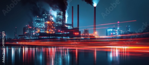 Nighttime Industrial Landscape with Illuminated Factories and Light Trails Reflecting on Water photo