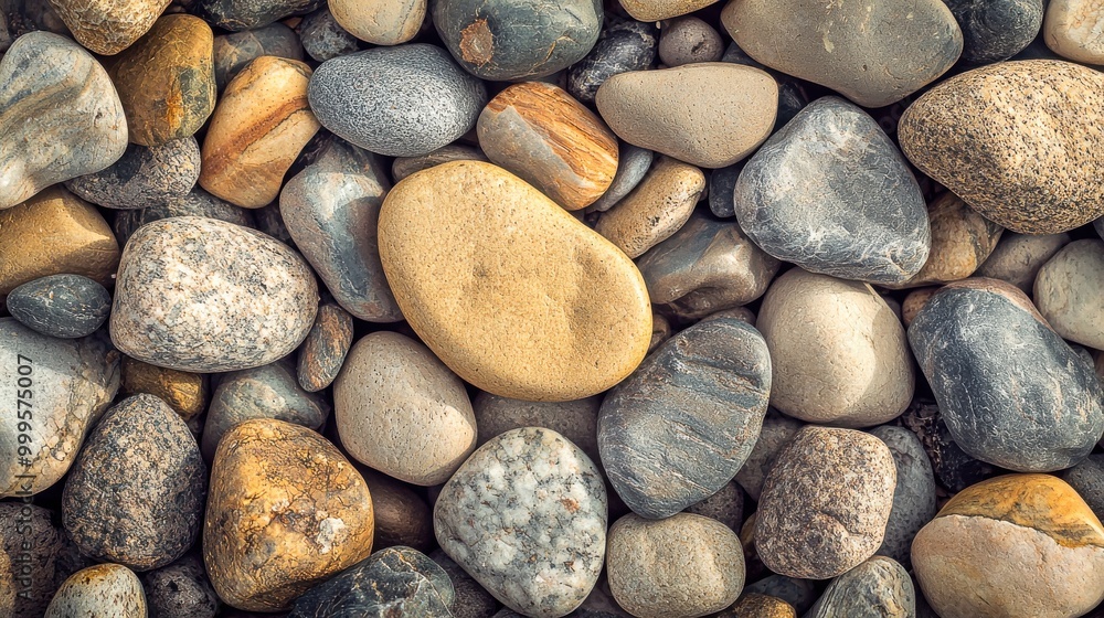 A texture of smooth, rounded pebbles in various earth tones, offering a natural, coastal aesthetic that evokes a serene beach environment A texture of smooth, rounded pebbles in various earth tones, offering a natural, coastal aesthetic that evokes a serene beach environment