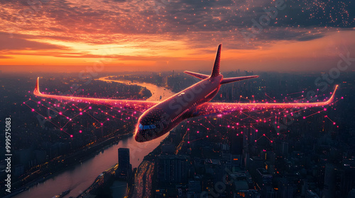 Airplane flying over a city at sunset with digital network lines around it.