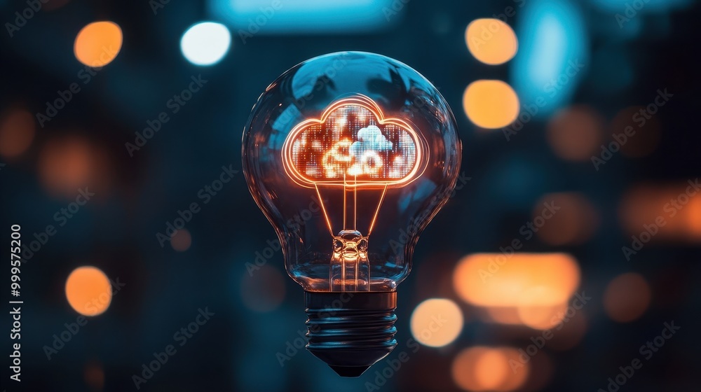 Innovative Light Bulb with Cloud Computing Icon Against Blurred City Lights Background Representing Modern Technology and Connectivity Innovative Light Bulb with Cloud Computing Icon Against Blurred City Lights Background Representing Modern Technology and Connectivity