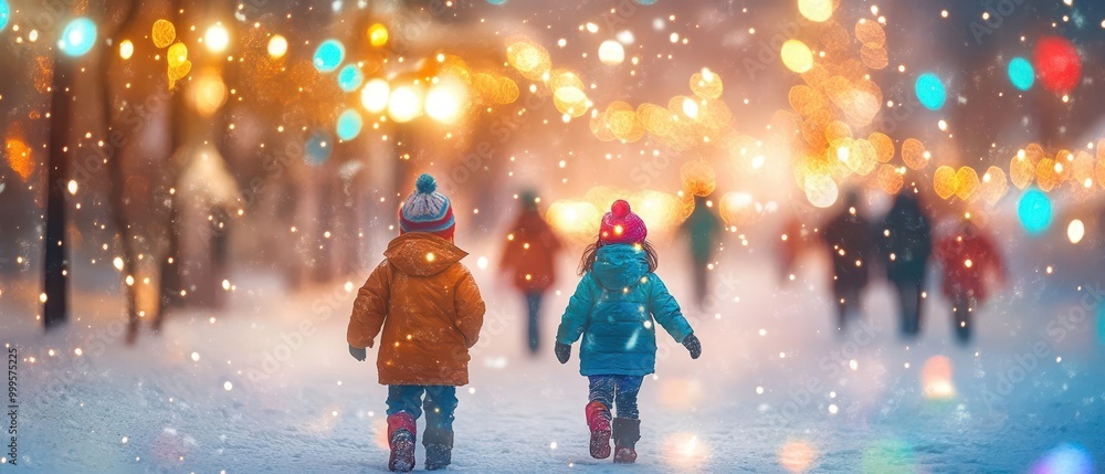 Two children walk together in a snowy landscape filled with colorful lights, creating a warm winter atmosphere. Two children walk together in a snowy landscape filled with colorful lights, creating a warm winter atmosphere.