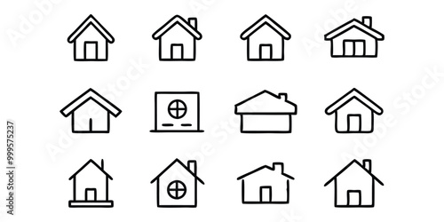 Set of Property and Building Line Icons - Houses, Apartments, Commercial Structures, and Storefronts on white background