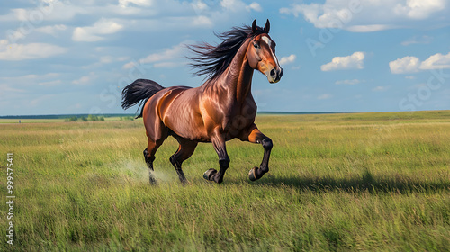 A horse galloping across an open field with the wind blowing through its mane