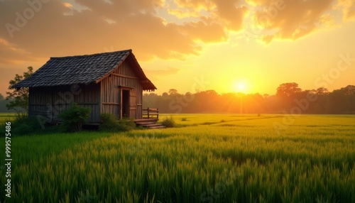  Peaceful rural sunset with wooden cabin