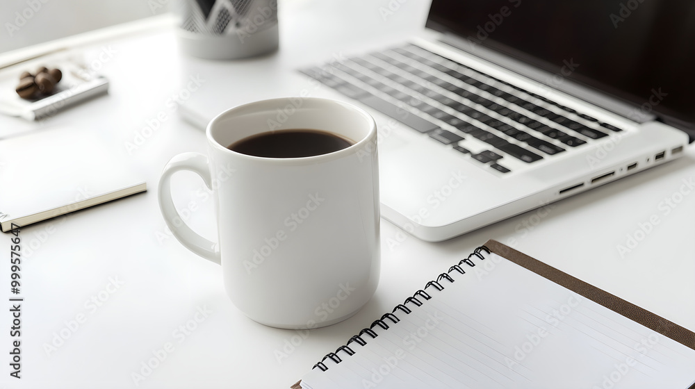 A minimalist desk setup with a laptop coffee mug and notepad on a white surface A minimalist desk setup with a laptop coffee mug and notepad on a white surface