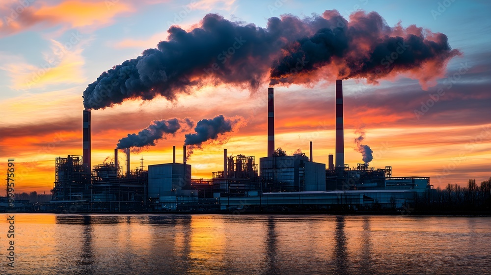 A factory with towering smokestacks releasing thick black smoke into the sky, with a vibrant orange and pink sunset in the background, symbolizing the contrast between industrial pollution and 