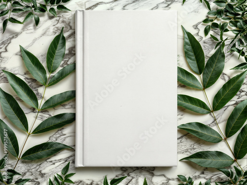 Hardback book mockup with blank cover with flora