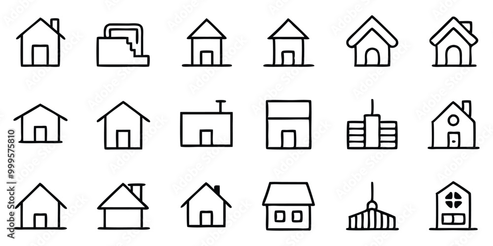 Set of Property and Building Line Icons - Houses, Apartments, Commercial Structures, and Storefronts on white background Set of Property and Building Line Icons - Houses, Apartments, Commercial Structures, and Storefronts on white background