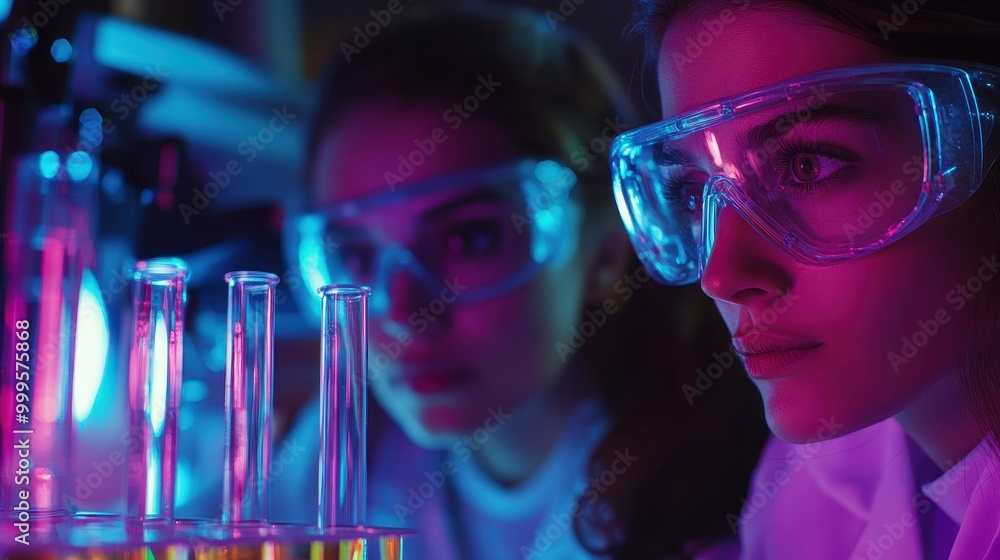 Female Scientists Conducting Experiments in a High-Tech Laboratory with Neon Lighting and Test Tubes Female Scientists Conducting Experiments in a High-Tech Laboratory with Neon Lighting and Test Tubes