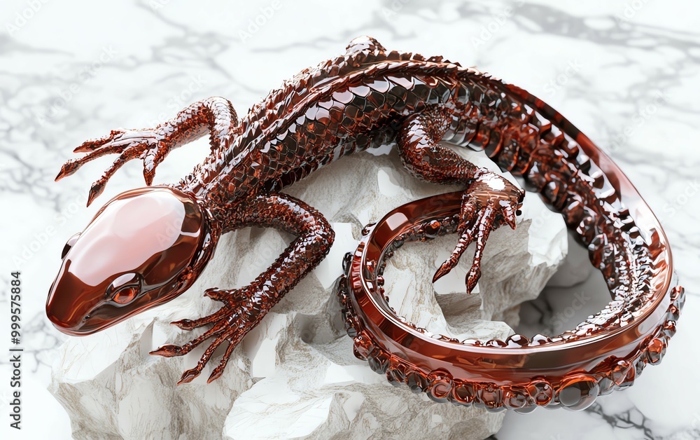 Shiny Copper Lizard Sculpture on White Marble Surface Shiny Copper Lizard Sculpture on White Marble Surface