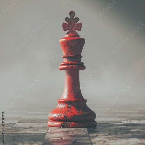 A solitary red king chess piece stands on a foggy chessboard, emphasizing its importance in the strategy game at dawn photo