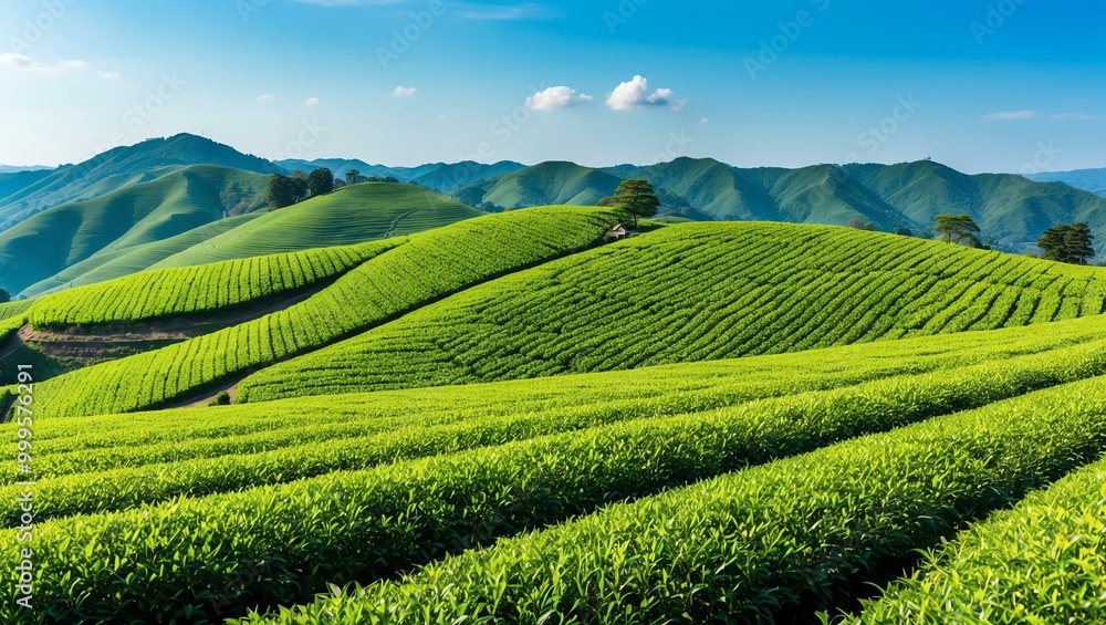 Obraz premium lush tea fields endless rows of vibrant green background, ideas for travel magazine images