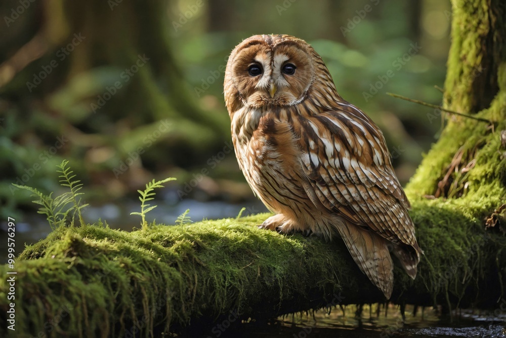 custom made wallpaper toronto digitalTawny Owl Resting on a Moss-Covered Tree Trunk by a Stream