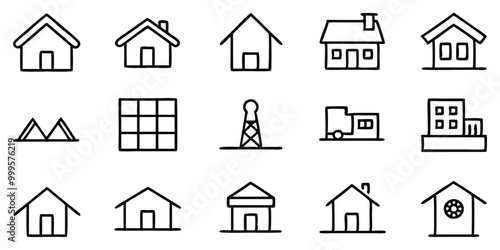 Set of Property and Building Line Icons - Houses, Apartments, Commercial Structures, and Storefronts on white background