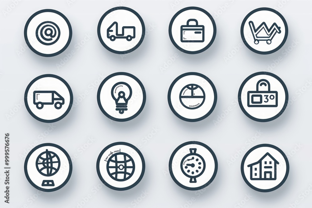 Icons representing various concepts including communication, logistics, and business tools in a minimalist design style Icons representing various concepts including communication, logistics, and business tools in a minimalist design style