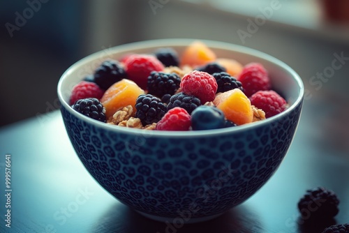 A bowl of fresh fruit and granola. Perfect for a healthy breakfast, snack, or dessert.