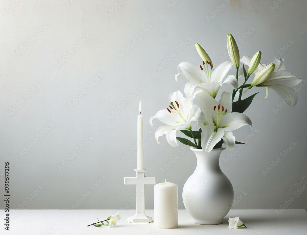 Weiß in weiß Trauer-Konzept, Vase mit Lilien und Kerze, Vorlage Traueranzeigen Weiß in weiß Trauer-Konzept, Vase mit Lilien und Kerze, Vorlage Traueranzeigen