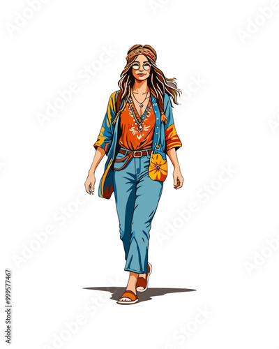Detailed flat vector people and illustration, woman with hippie outfit
