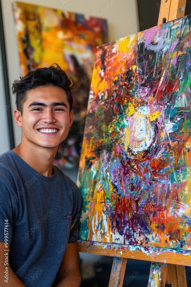 Fototapeta premium Young Male Artist Smiling Next to Colorful Abstract Painting on Easel in Modern Art Studio