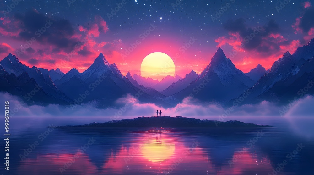 Snow-capped mountain range at sunset with hikers trekking through the landscape, cartoon vector style Snow-capped mountain range at sunset with hikers trekking through the landscape, cartoon vector style