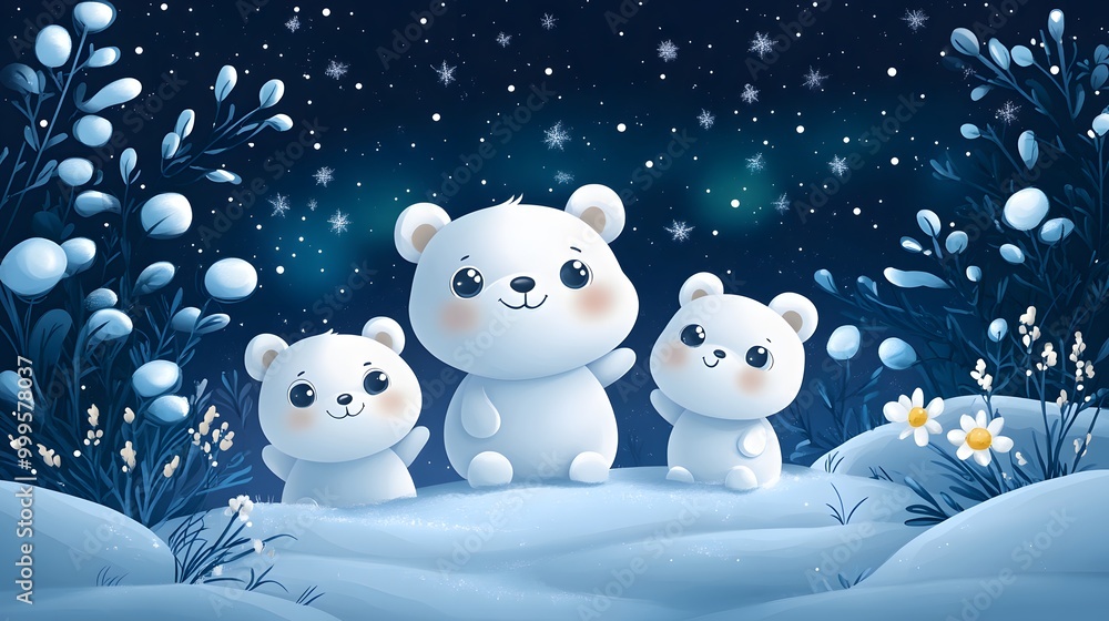 Polar bear family playing in the snow under the northern lights, cartoon vector style Polar bear family playing in the snow under the northern lights, cartoon vector style