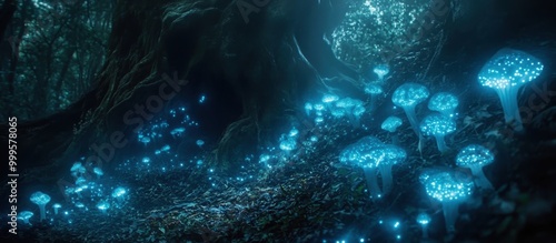 Enchanting Forest Path with Glowing Bioluminescent Mushrooms at Night