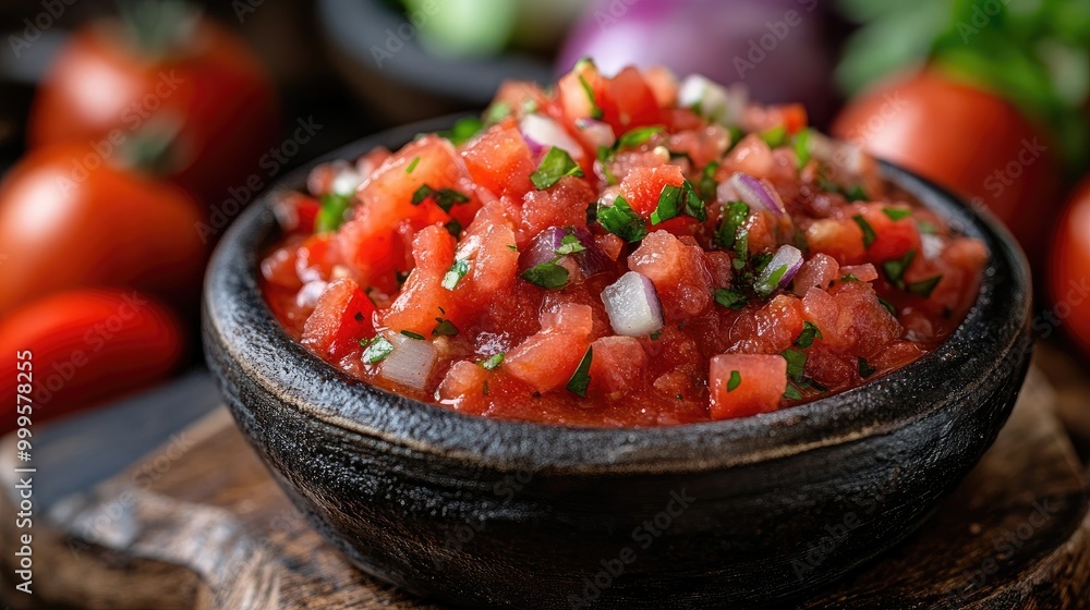 Fresh salsa in a bowl on a wooden table. This photo shows a bowl of fresh salsa made with tomatoes, onions, and cilantro, perfect for use in recipes or to add a flavorful kick to dishes. Fresh salsa in a bowl on a wooden table. This photo shows a bowl of fresh salsa made with tomatoes, onions, and cilantro, perfect for use in recipes or to add a flavorful kick to dishes.
