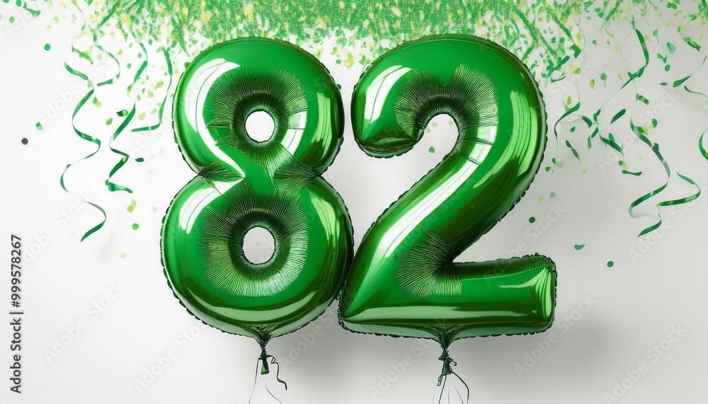 Green birthday / anniversary balloon, number 82, white background with confetti Green birthday / anniversary balloon, number 82, white background with confetti
