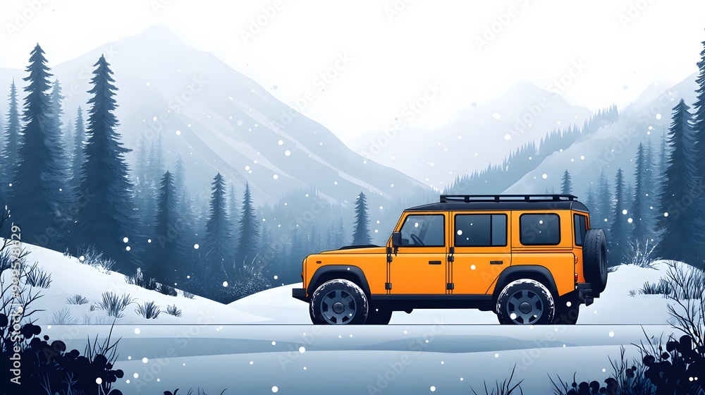 Group of friends on a winter road trip with a decorated car driving through a snowy landscape, cartoon vector style Group of friends on a winter road trip with a decorated car driving through a snowy landscape, cartoon vector style