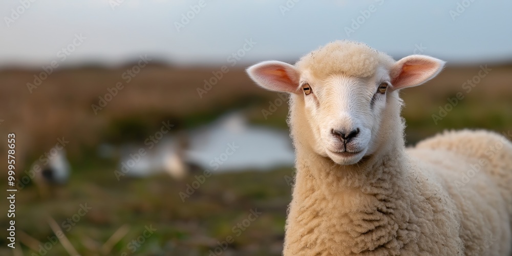 A close-up photograph of a Romney sheep standing near a wetland area in the Romney Marsh A close-up photograph of a Romney sheep standing near a wetland area in the Romney Marsh