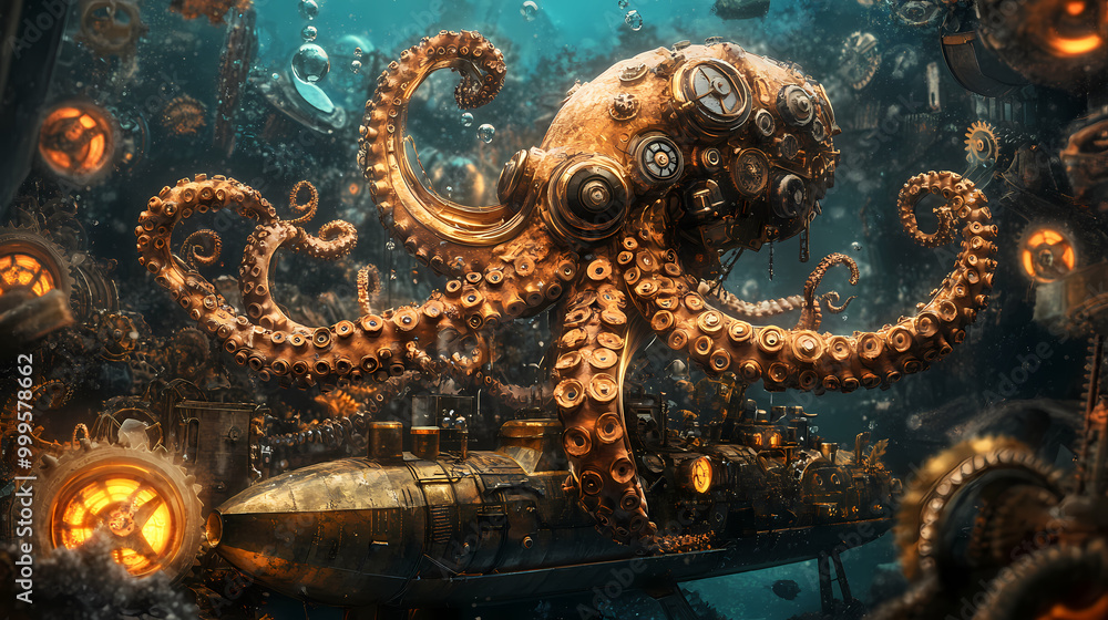 Fototapeta premium Generative AI, Clockwork Octopus Clutches a Brass Submarine in a Steampunk Underwater World