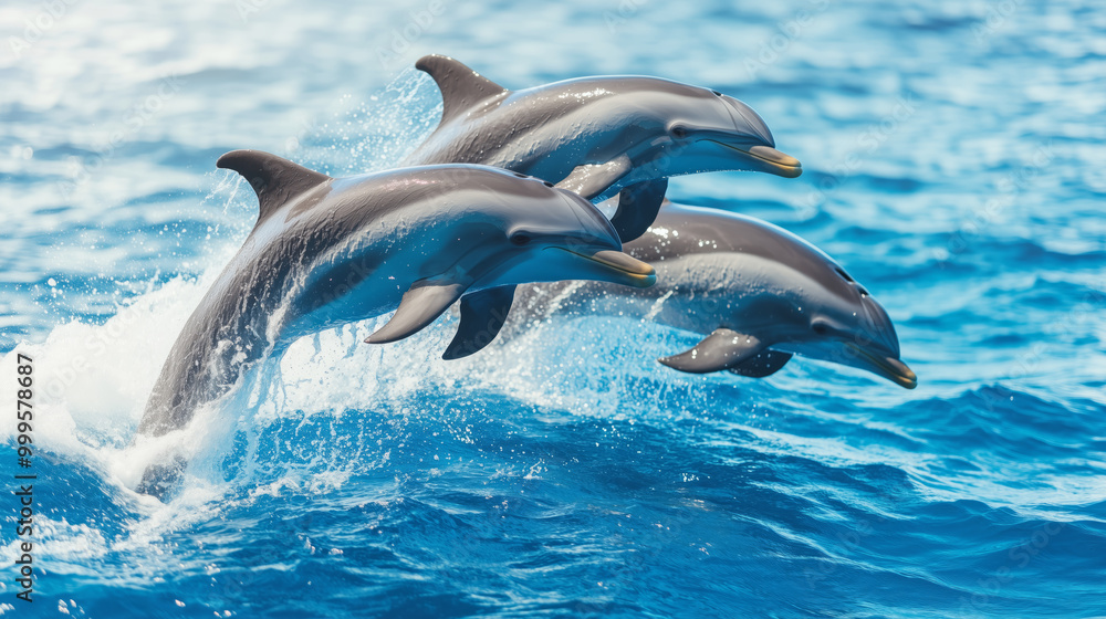 Fototapeta premium Playful Dolphins Jumping in Crystal Blue Ocean
