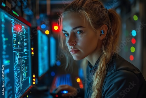 Female Cybersecurity Analyst Assessing AI Threats in Dark Tech Office with Blue Lighting