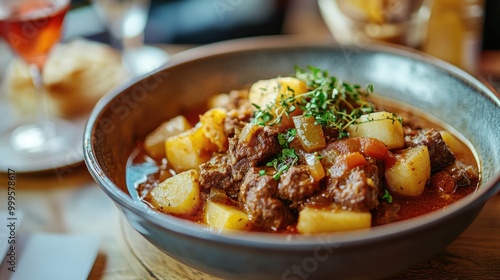 Close-up of a bowl of beef stew. Perfect for illustrating a recipe for a hearty meal.