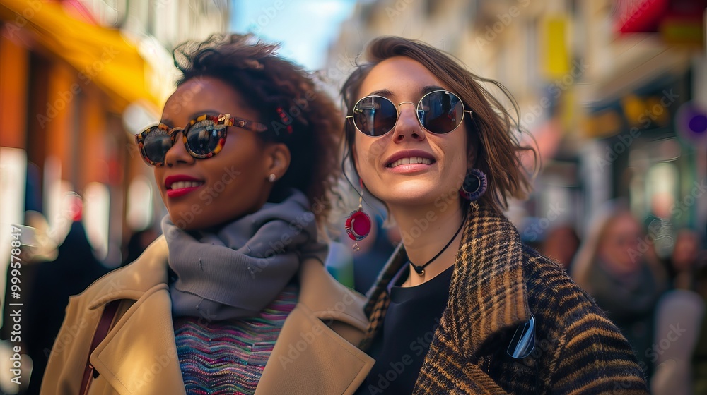 Group of female friends enjoying a day of shopping together in a bustling urban area Group of female friends enjoying a day of shopping together in a bustling urban area