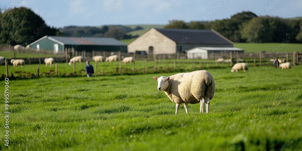 Romney sheep grazing in a field in the Cumbrian uplands, sharing the space with native wildlife Romney sheep grazing in a field in the Cumbrian uplands, sharing the space with native wildlife